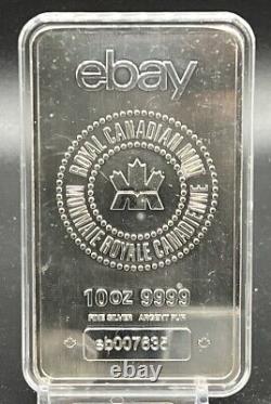 Barre d'argent fin 10 oz de la Monnaie royale canadienne. Logo eBay à faible numéro de série en capsule