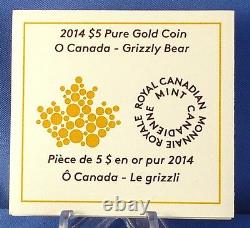 Canada 2014 Le Grizzly Bear 1/10 Oz Pur Pièce D'or # 1 O Canada 5 $ Gold Series