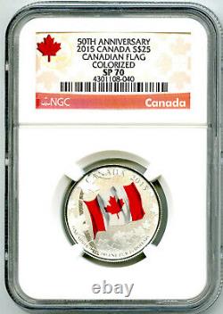 Canada 2015 25 $ Argent Ngc Sp70 50e Anniversaire Drapeau Canadien
