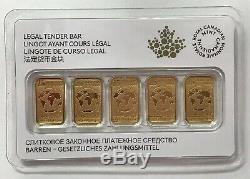 Canada 2016 Legal Tender $ 25 5pc 1/10 Oz Gold Bar Monnaie Royale Canadienne. 9999