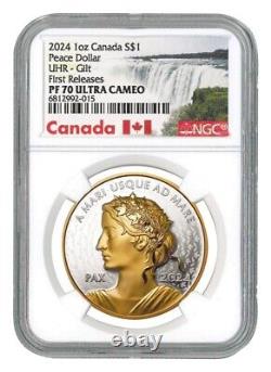 Dollar de la paix du Canada de 2024 en argent pur d'une once, NGC PF70 $1 Relief ultra-haut doré JP558