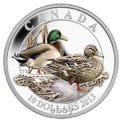 Ensemble de 3 pièces en argent pur de 10 $ de 2013, Canards du Canada, avec boîtier d'exposition et appeau à canard.