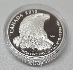 Ensemble de pièces canadiennes en argent fin fractionné 2015 de l'aigle chauve avec certificat d'authenticité et boîte en bois