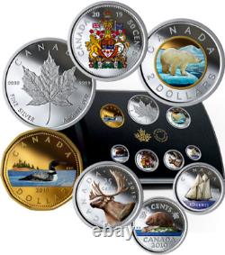 Ensemble de pièces de monnaie en argent pur colorisé avec médaillon classique canadien de 2019