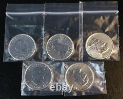 Feuille d'érable en argent canadienne de 2010 de 5 $, pure à 9999, 1 oz LOT DE 5.