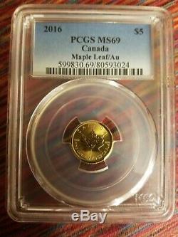 Gold 2016 $ 5 Canada Maple Leaf Ms69 1/10 Onces. Bu Fin Pcgs Cert Assuré