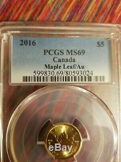 Gold 2016 $ 5 Canada Maple Leaf Ms69 1/10 Onces. Bu Fin Pcgs Cert Assuré