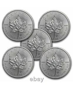 Lot 5 X 1 Troy Oz. 9999 Argent 2021 Canadian Maple Leaf Coins Bu