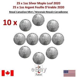 Lot De 10 X 1 Oz 2020 D'érable Du Canada Feuille Pièce D'argent