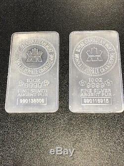 Lot De 2 10 Oz Monnaie Royale Canadienne (mrc). 9999 Fin Silver Bar