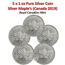 Lot De 5 X 1 Oz 2019 1 Oz D'argent Du Canada Feuille D'érable Coin (réserve No)