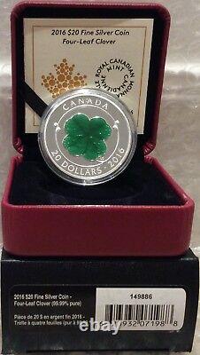 Lucky Four Leaf Clover 20 $ 2016 1oz Pure Silver Proof Coin Canada Shamrock-green