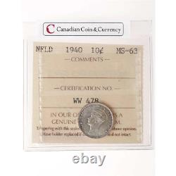 NFLD 10 cent 1940 ICCS MS-63 Royal Canadian Mint translates to 'NFLD 10 cents 1940 ICCS MS-63 Monnaie Royale Canadienne' in French.