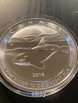 'Pièce d'argent ronde de 10 onces 9999 d'une baleine orque 2019 de 50 dollars avec une feuille d'érable du Canada - Rare'
