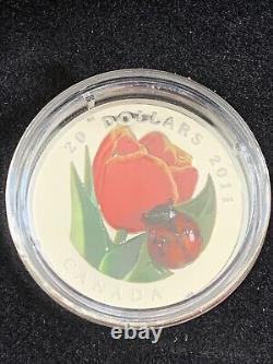 Pièce de monnaie en argent fin de 20 $ de 2011 Tulipe avec coccinelle en verre numérotée / 5000 TRÈS JOLIE