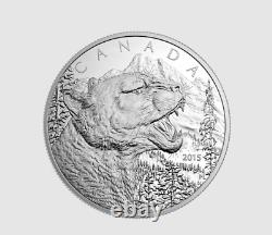 Pièce de monnaie en argent pur de 125 $ de 2015 avec un cougar grondant de la Monnaie royale canadienne.