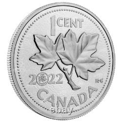 Pièce en argent de 5 onces commémorant le 10e anniversaire de la dernière pièce de cent de la Monnaie royale canadienne en 2022.