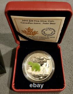 Rare Preuve Limitée Argent Icônes Canadiennes Polar Bear Jade Inlay 2015 1 Oz Coin