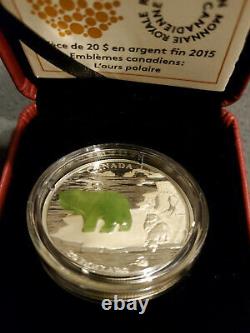 Rare Preuve Limitée Argent Icônes Canadiennes Polar Bear Jade Inlay 2015 1 Oz Coin