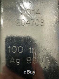 Silver Bullion Bar, 100 Oz T, 0,9999 Pureté (99,99%) Ag, Monnaie Royale Canadienne