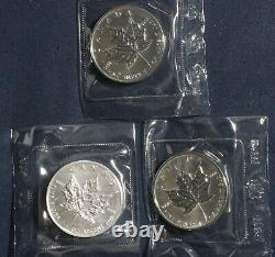 Trois 1988 $5 Silver Maple Leaf Rcm Ogp 1 Oz 0.9999 Fine Silver L-020510